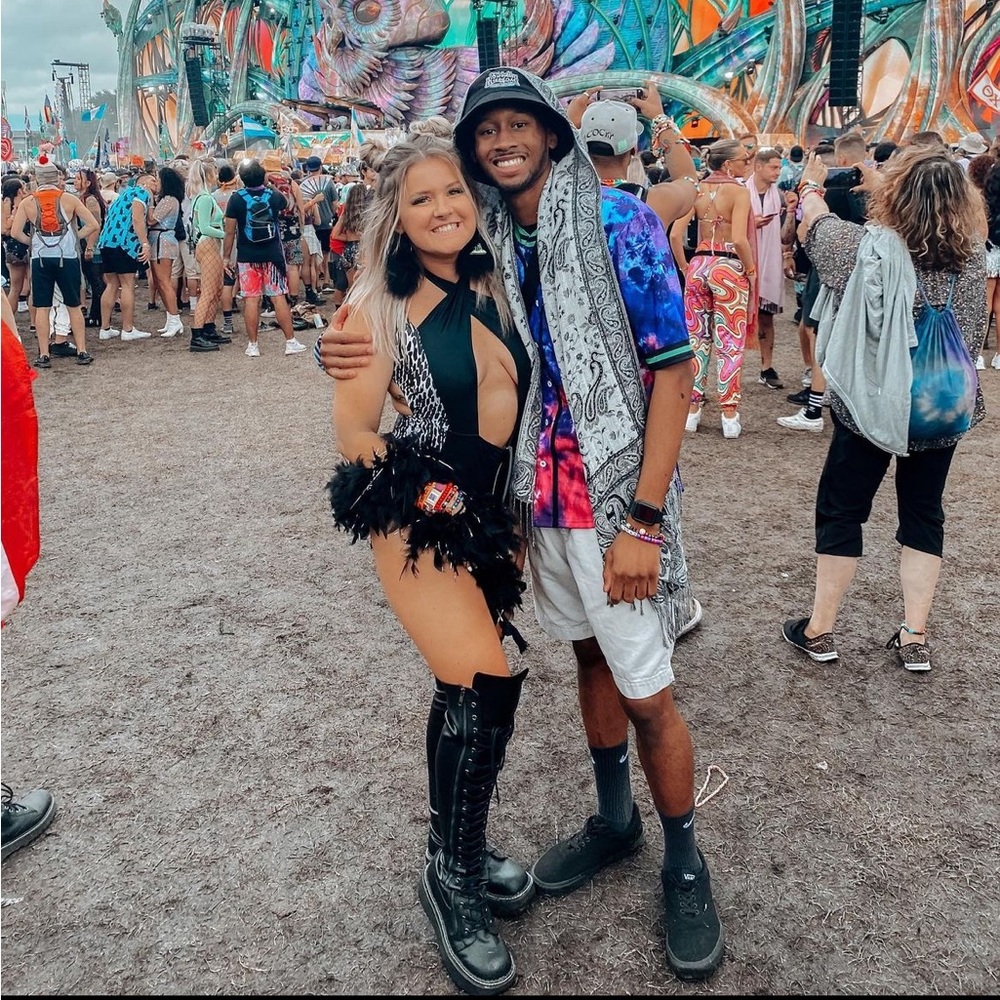Festival Black Feathered Bodysuit with Cutouts